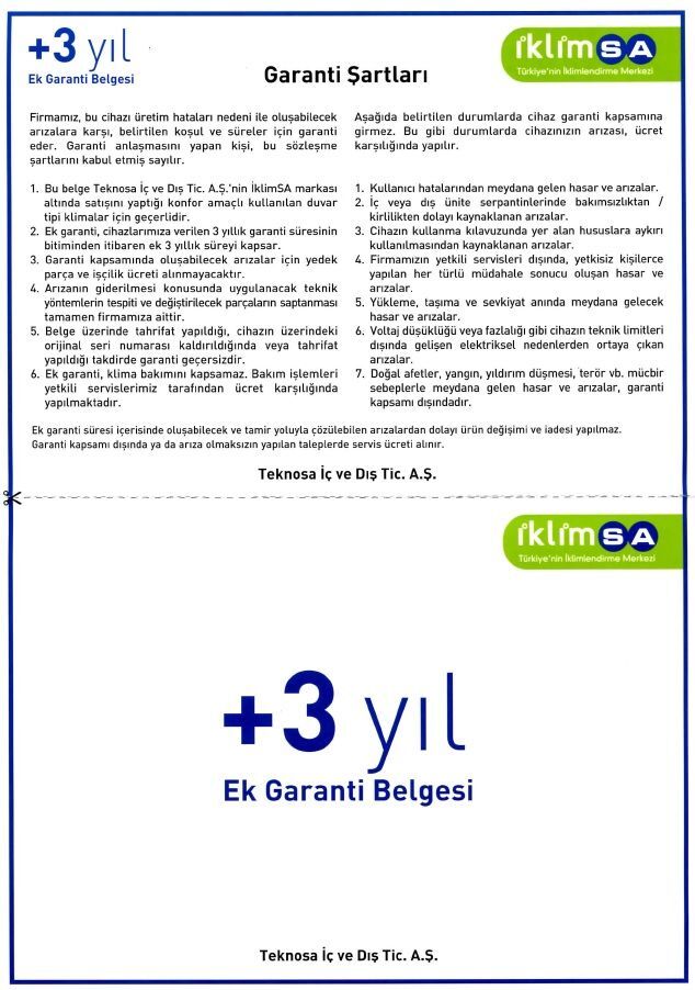 +3 Yıl Klima Garanti Uzatma 0-6 Ay-Mavi Belge