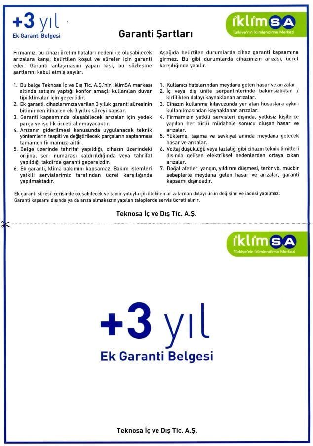 +3 Yıl Klima Garanti Uzatma Montaj Anında-Yeşil Belge